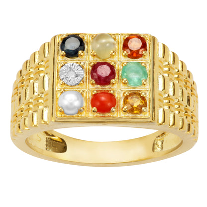 Astrological Navratna Gold Plated Silver Ring